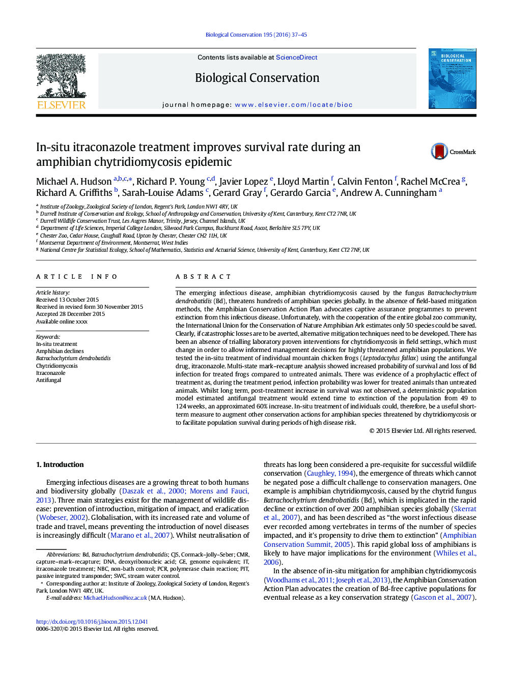 In-situ itraconazole treatment improves survival rate during an amphibian chytridiomycosis epidemic