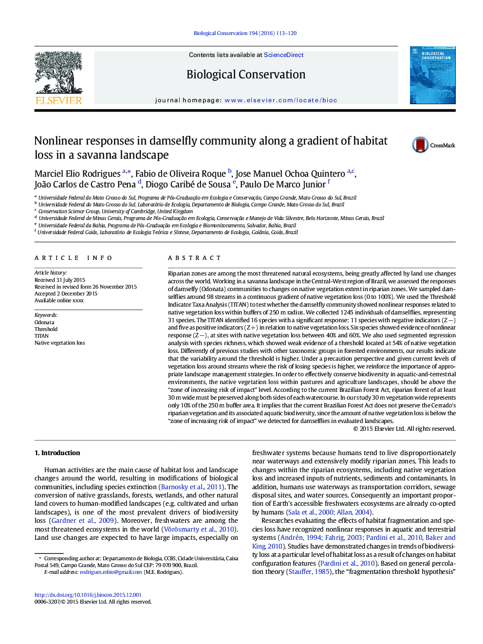 Nonlinear responses in damselfly community along a gradient of habitat loss in a savanna landscape