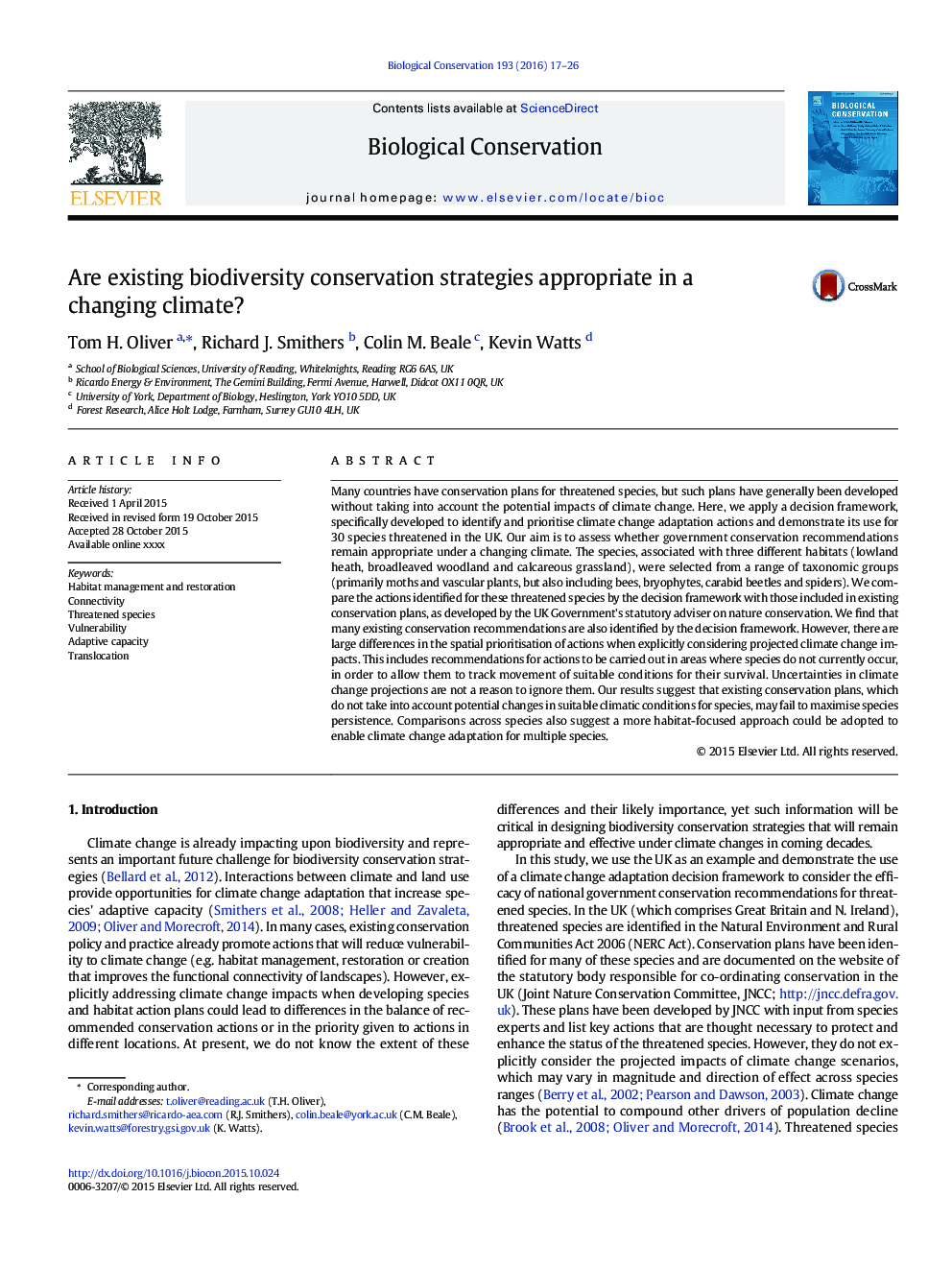 Are existing biodiversity conservation strategies appropriate in a changing climate?