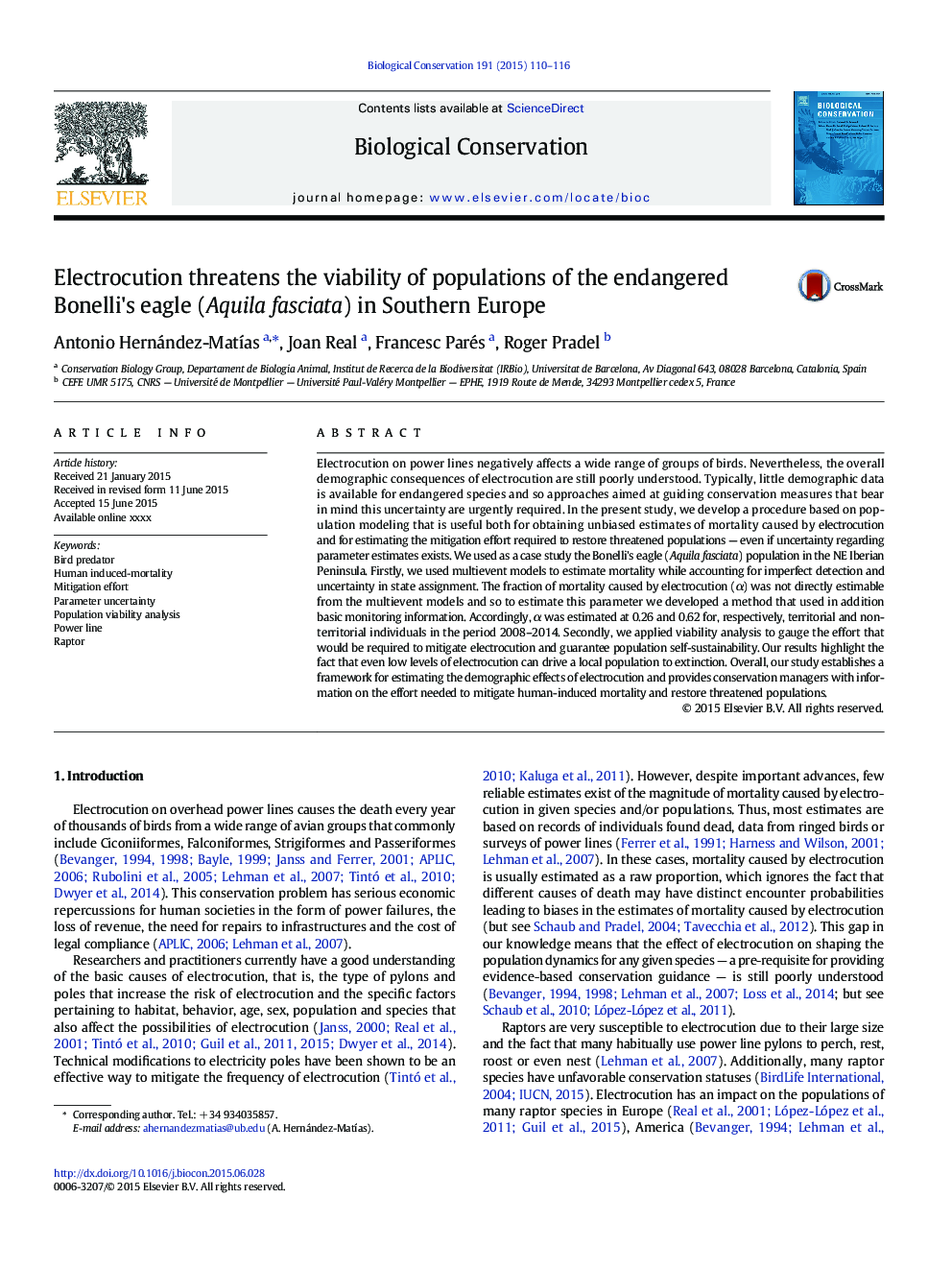 Electrocution threatens the viability of populations of the endangered Bonelli's eagle (Aquila fasciata) in Southern Europe