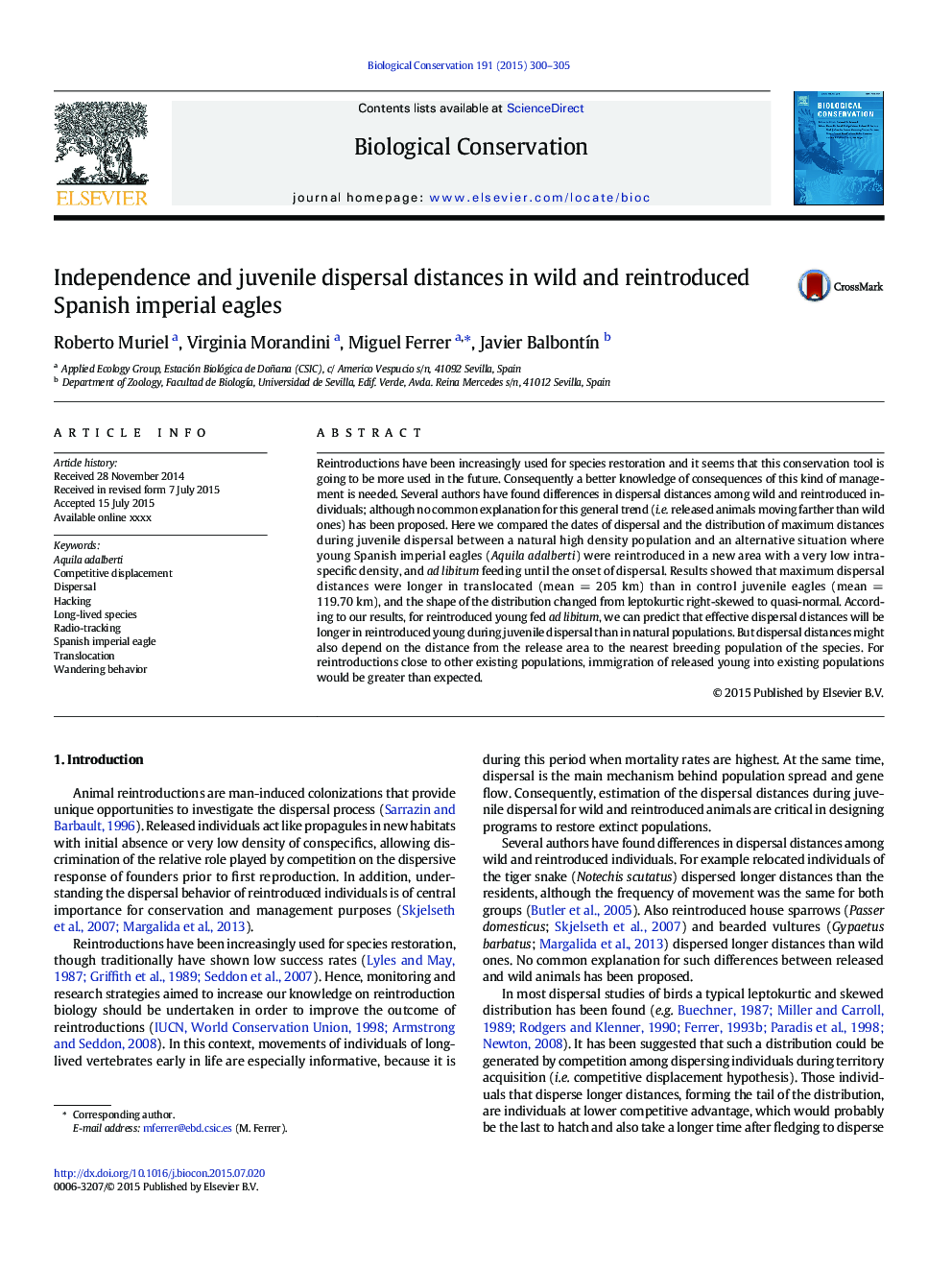 Independence and juvenile dispersal distances in wild and reintroduced Spanish imperial eagles