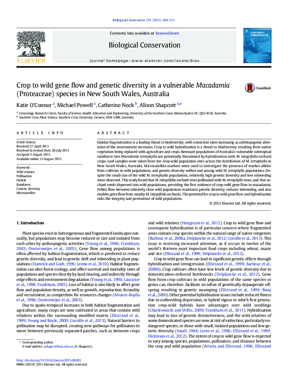 Crop to wild gene flow and genetic diversity in a vulnerable Macadamia (Proteaceae) species in New South Wales, Australia