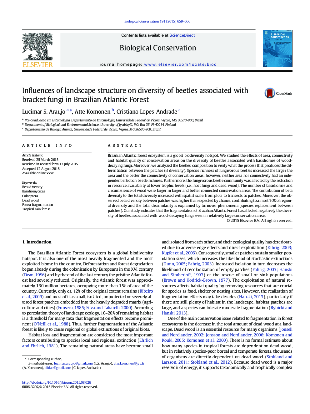 Influences of landscape structure on diversity of beetles associated with bracket fungi in Brazilian Atlantic Forest