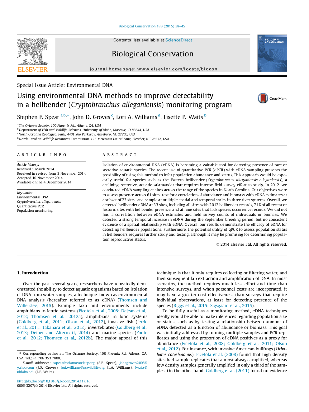 Using environmental DNA methods to improve detectability in a hellbender (Cryptobranchus alleganiensis) monitoring program