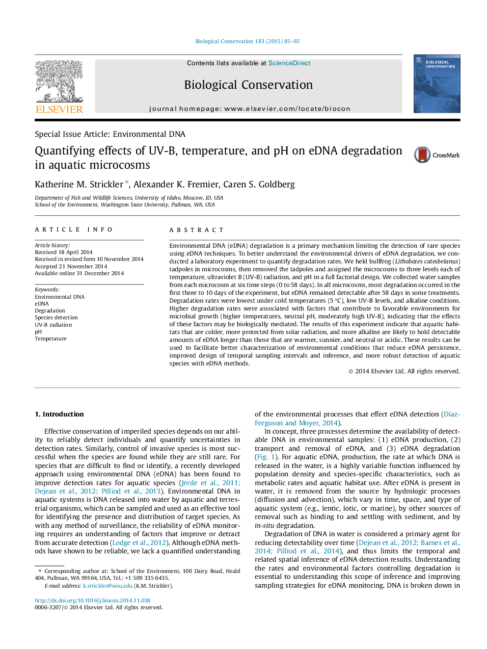 Quantifying effects of UV-B, temperature, and pH on eDNA degradation in aquatic microcosms