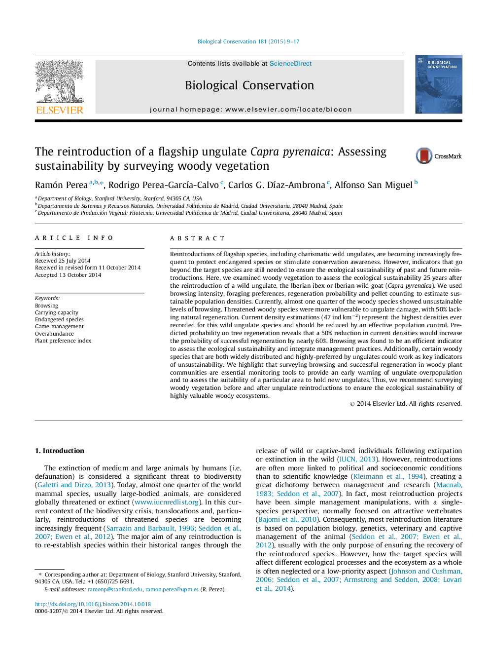 The reintroduction of a flagship ungulate Capra pyrenaica: Assessing sustainability by surveying woody vegetation