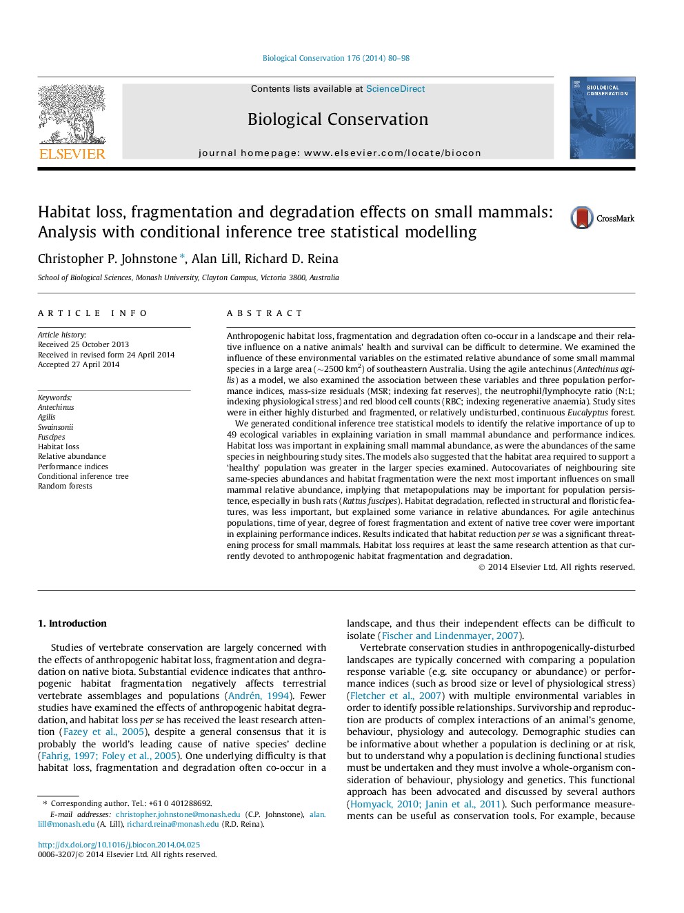 Habitat loss, fragmentation and degradation effects on small mammals: Analysis with conditional inference tree statistical modelling