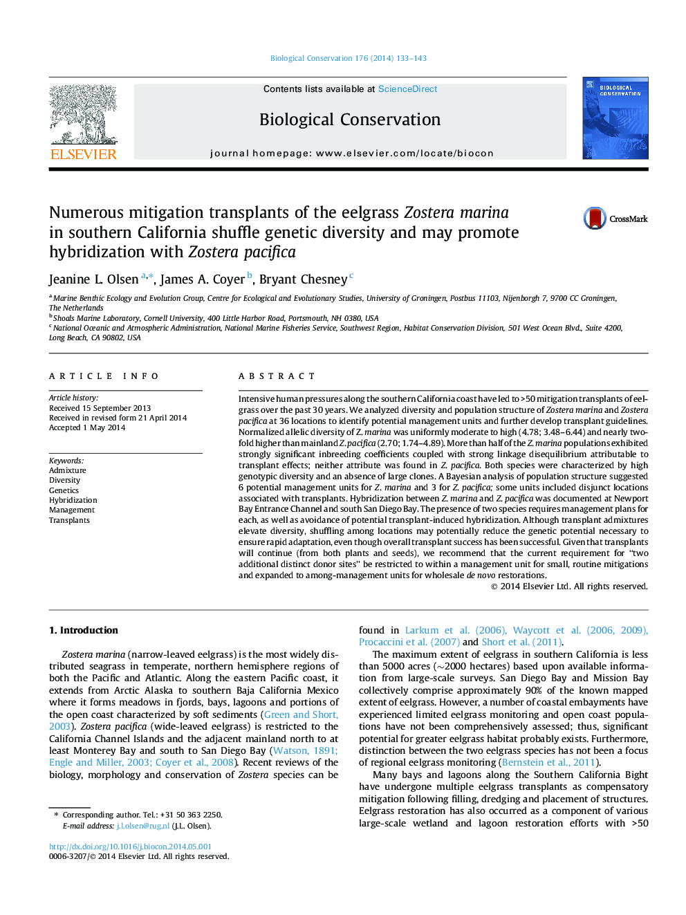 Numerous mitigation transplants of the eelgrass Zostera marina in southern California shuffle genetic diversity and may promote hybridization with Zostera pacifica