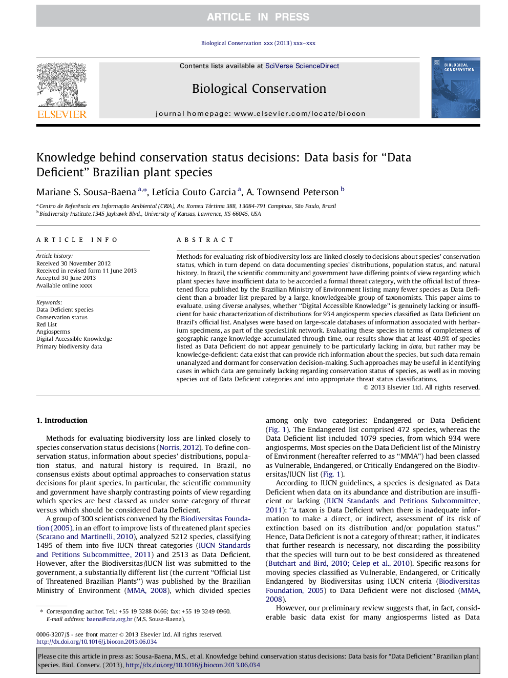 Knowledge behind conservation status decisions: Data basis for “Data Deficient” Brazilian plant species