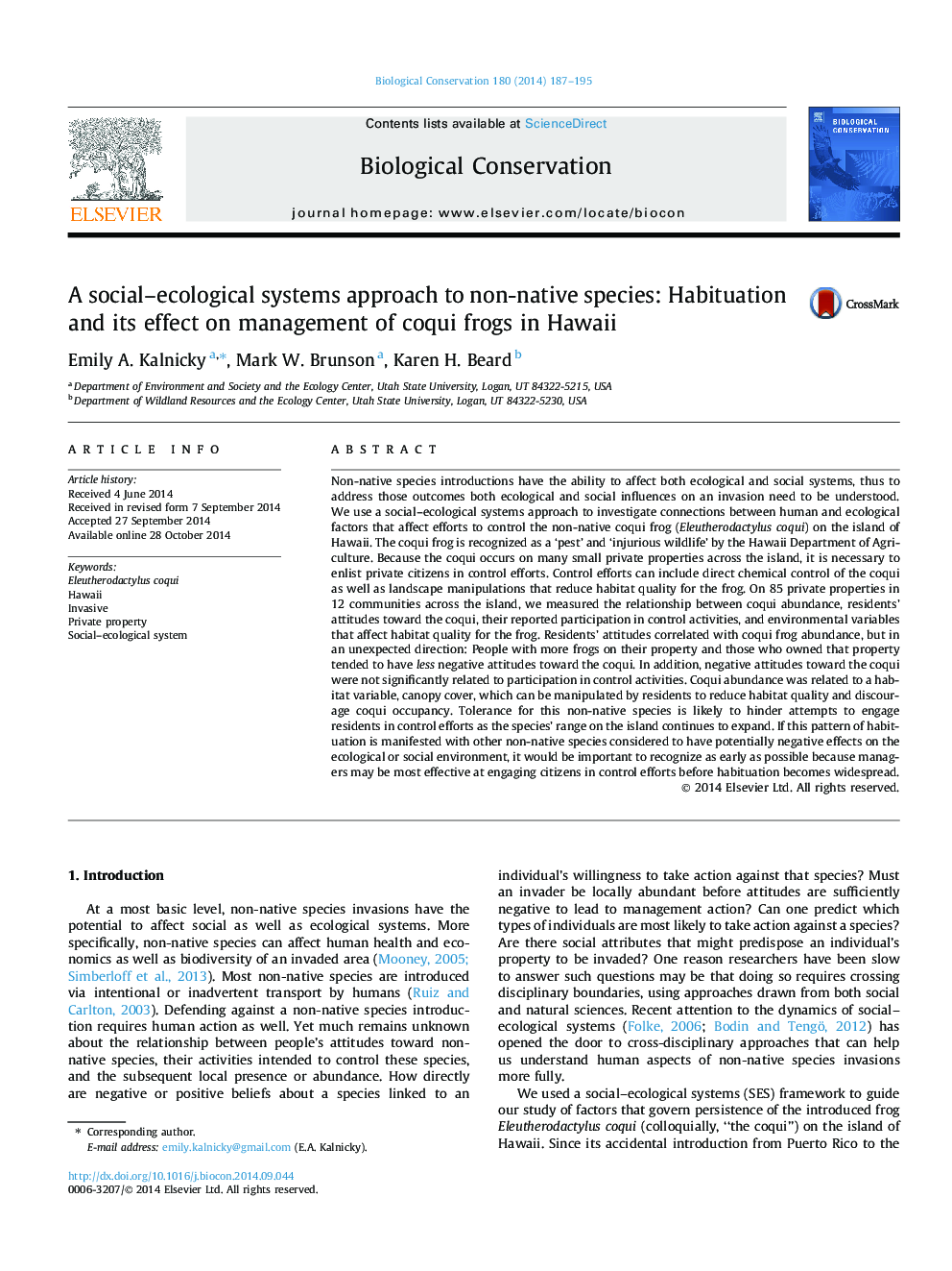 A social-ecological systems approach to non-native species: Habituation and its effect on management of coqui frogs in Hawaii