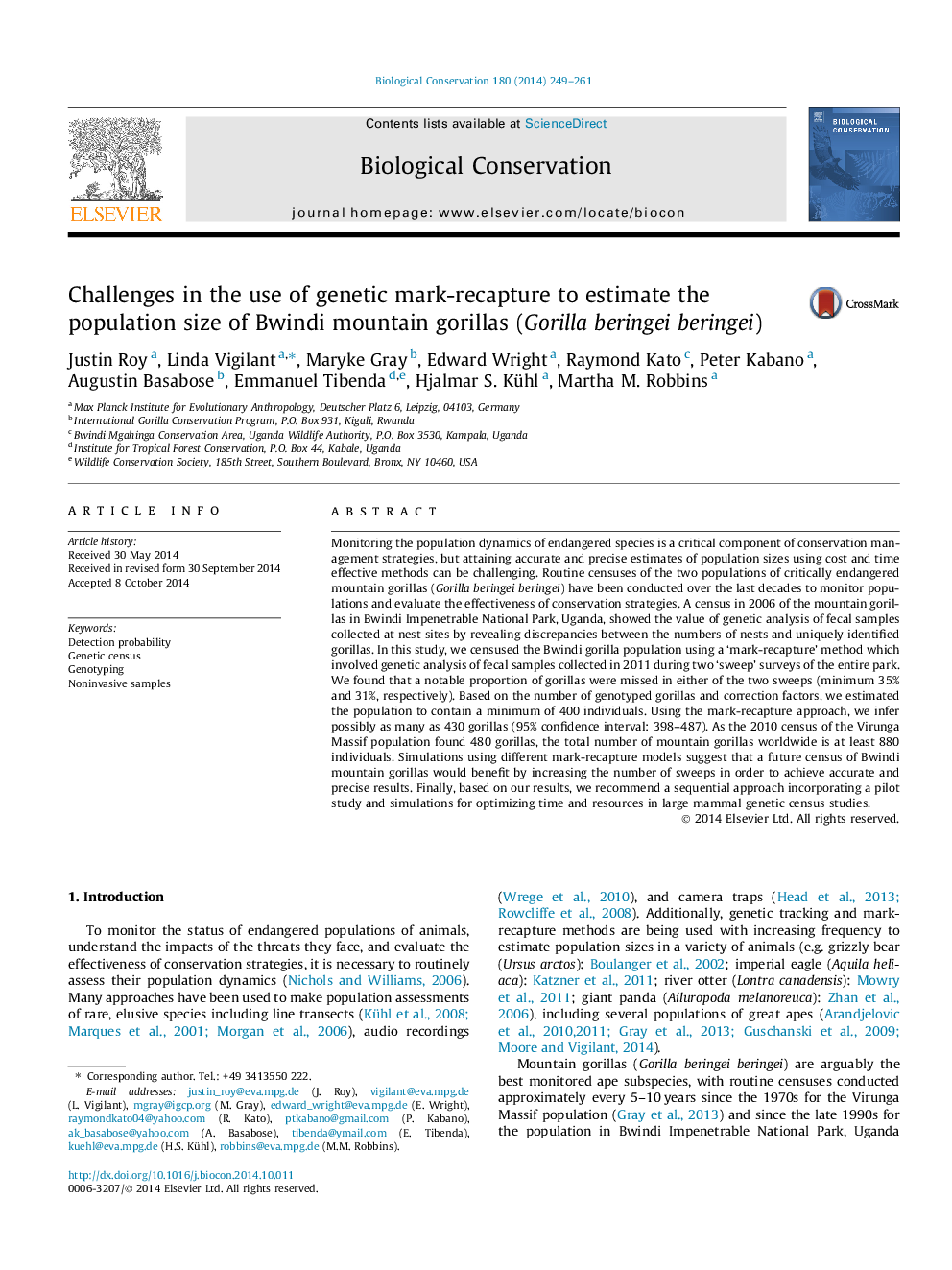 Challenges in the use of genetic mark-recapture to estimate the population size of Bwindi mountain gorillas (Gorilla beringei beringei)