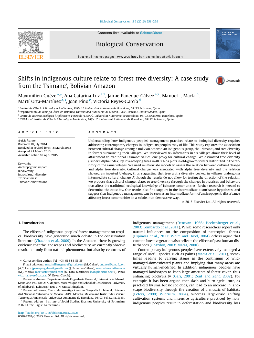 Shifts in indigenous culture relate to forest tree diversity: A case study from the Tsimane', Bolivian Amazon