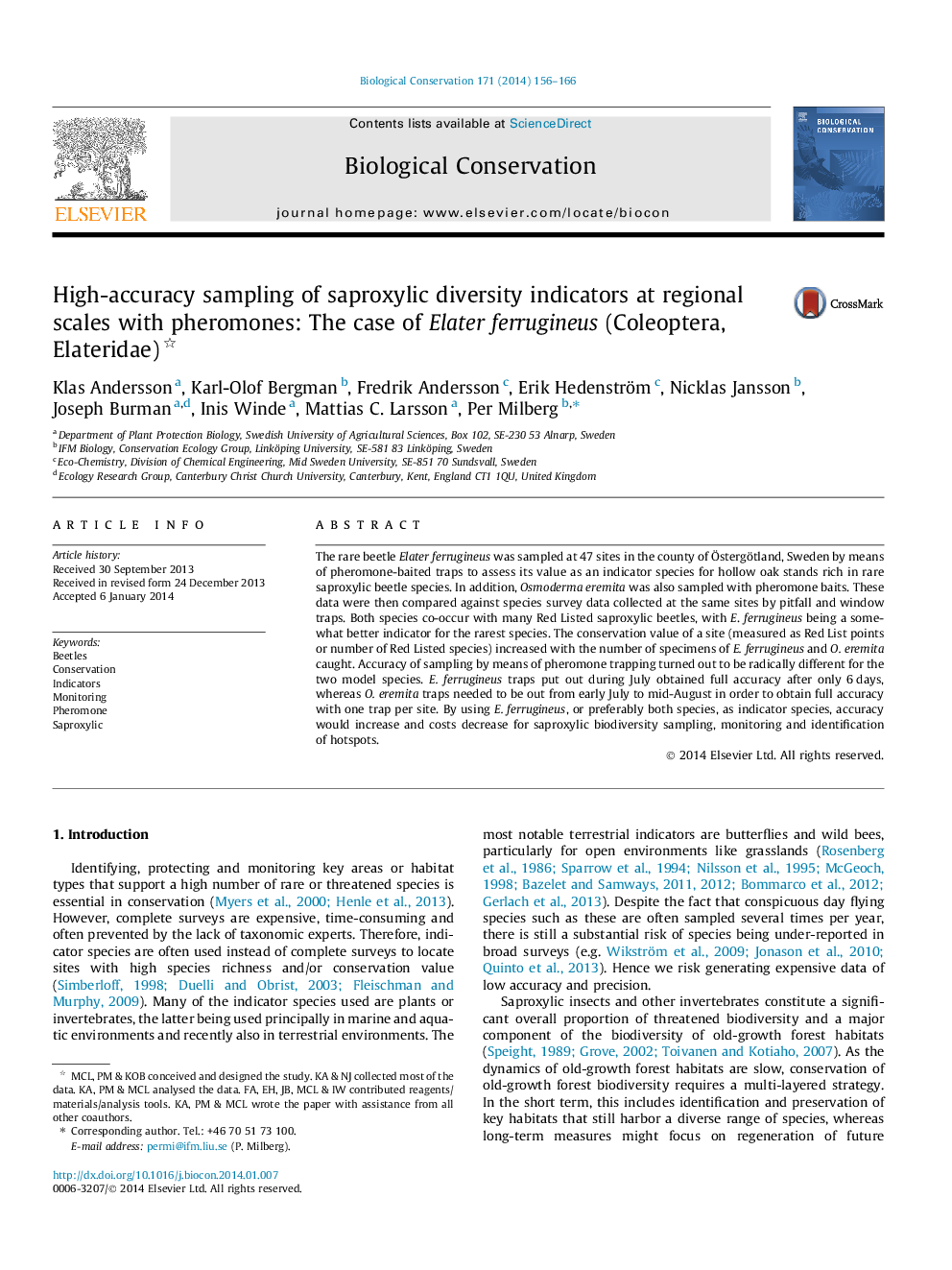 High-accuracy sampling of saproxylic diversity indicators at regional scales with pheromones: The case of Elater ferrugineus (Coleoptera, Elateridae)