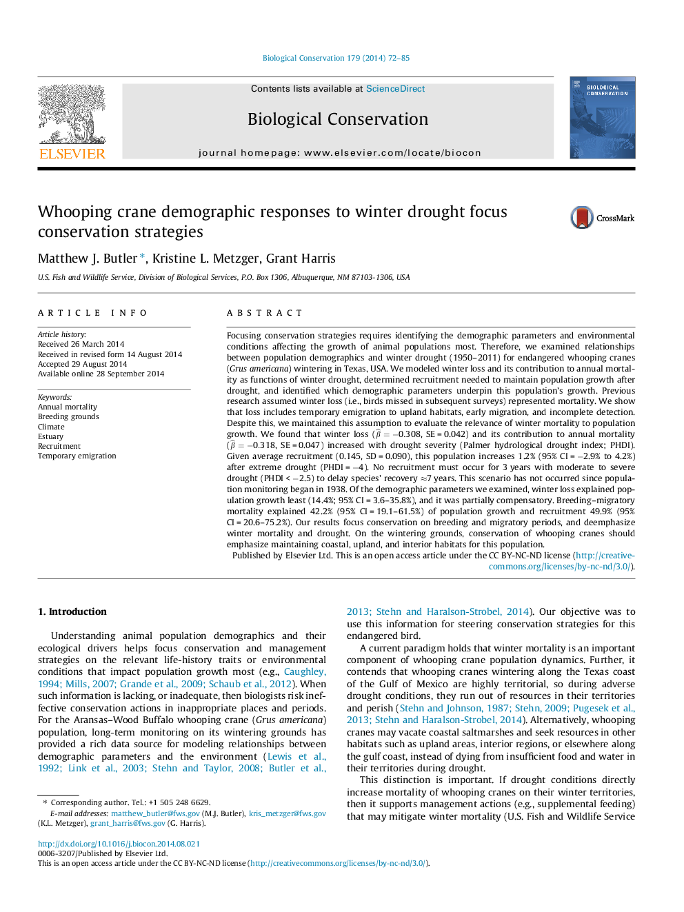 Whooping crane demographic responses to winter drought focus conservation strategies