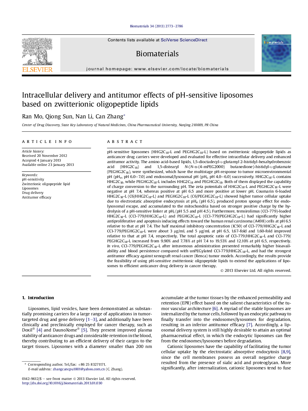 Intracellular delivery and antitumor effects of pH-sensitive liposomes based on zwitterionic oligopeptide lipids