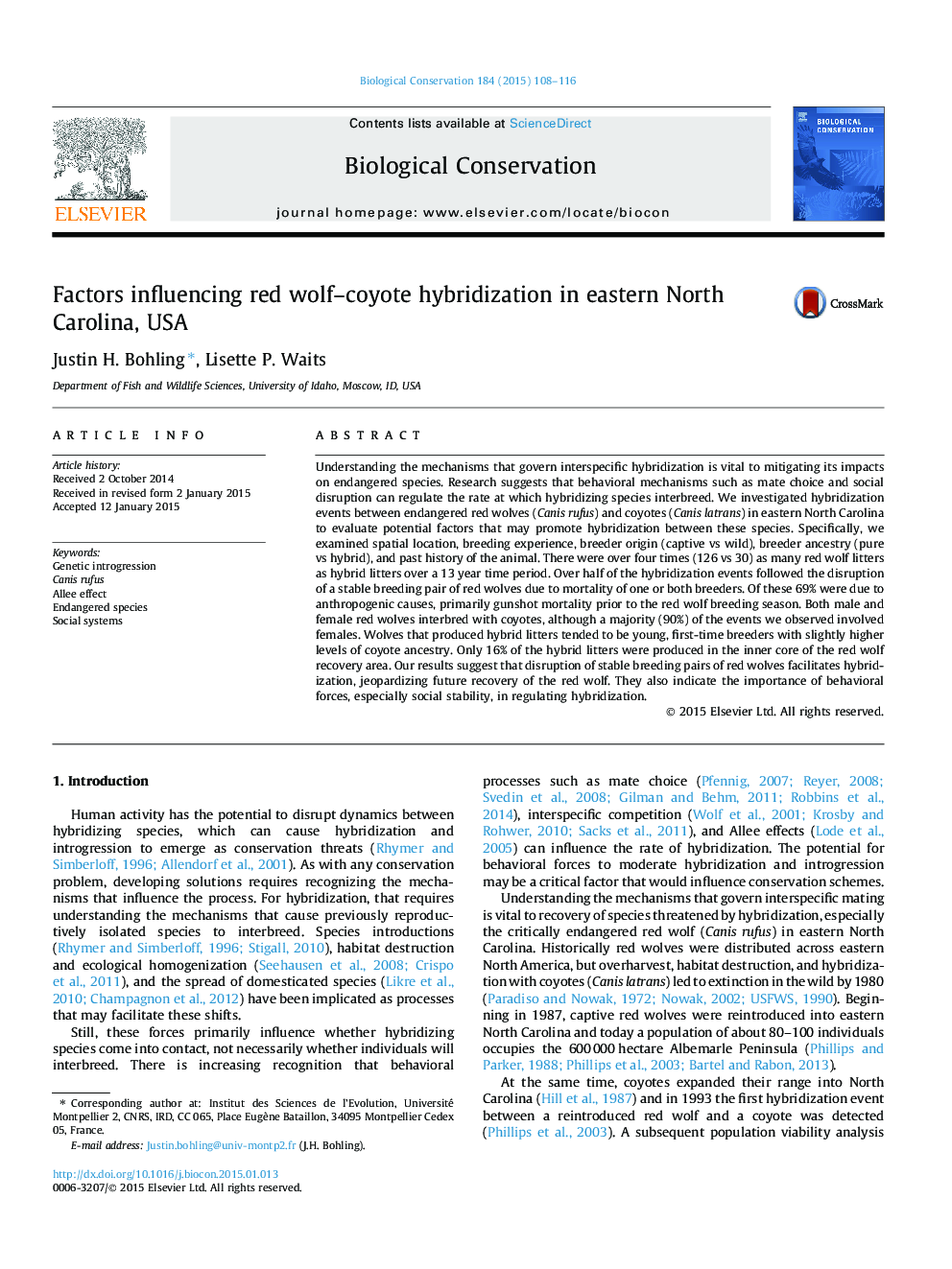 Factors influencing red wolf-coyote hybridization in eastern North Carolina, USA