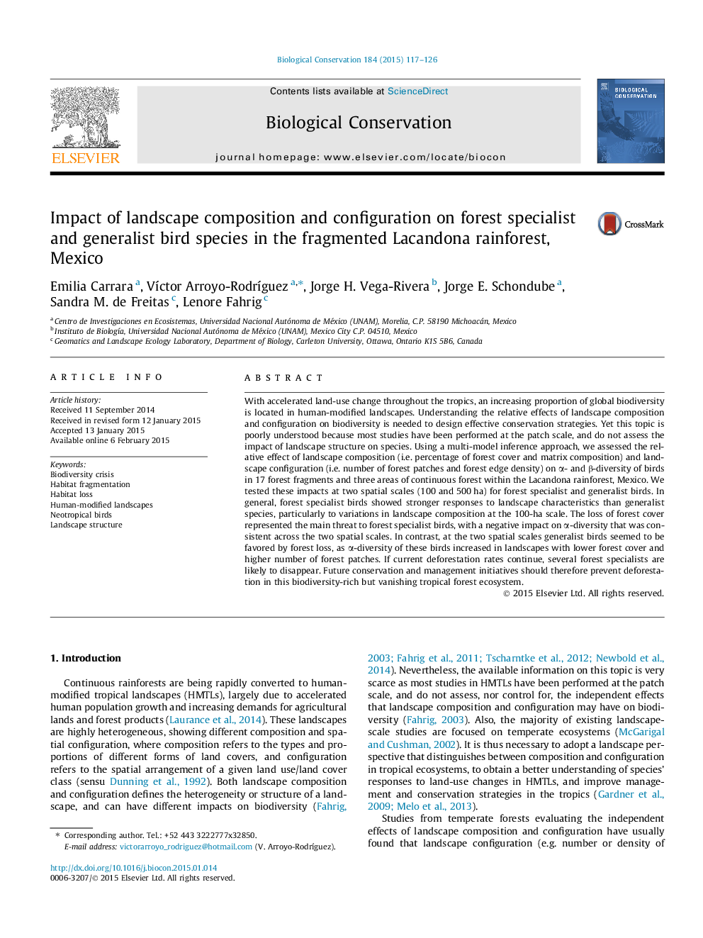 عکس صفحه اول مقاله: Impact of landscape composition and configuration on forest specialist and generalist bird species in the fragmented Lacandona rainforest, Mexico Impact of landscape composition and configuration on forest specialist and generalist bird species in the fragmented Lacandona rainforest, Mexico