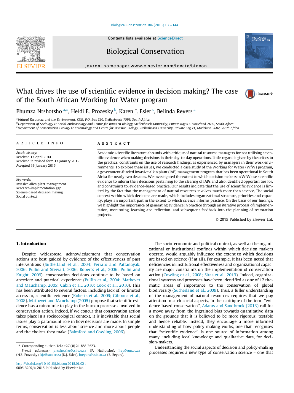 What drives the use of scientific evidence in decision making? The case of the South African Working for Water program