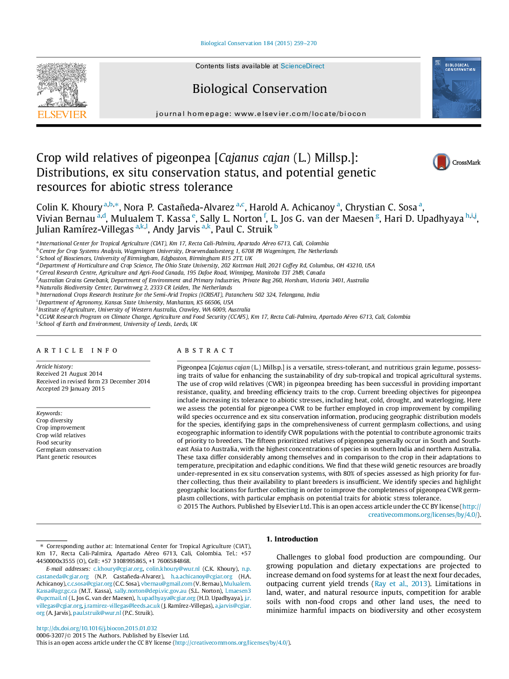 Crop wild relatives of pigeonpea [Cajanus cajan (L.) Millsp.]: Distributions, ex situ conservation status, and potential genetic resources for abiotic stress tolerance