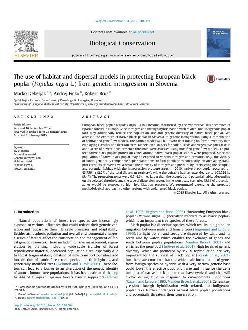 The use of habitat and dispersal models in protecting European black poplar (Populus nigra L.) from genetic introgression in Slovenia