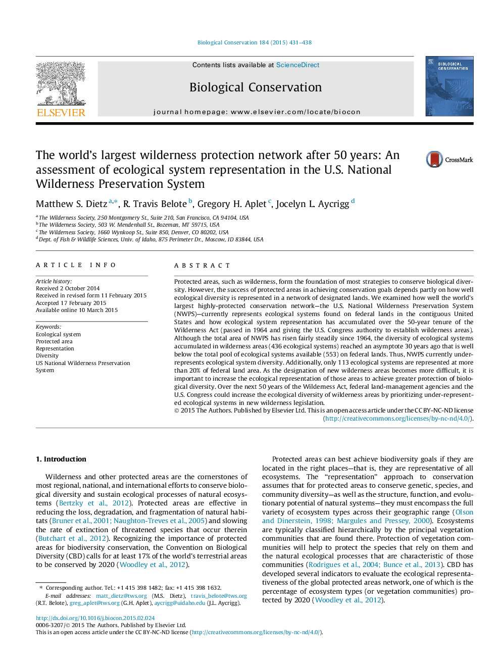 The world's largest wilderness protection network after 50Â years: An assessment of ecological system representation in the U.S. National Wilderness Preservation System