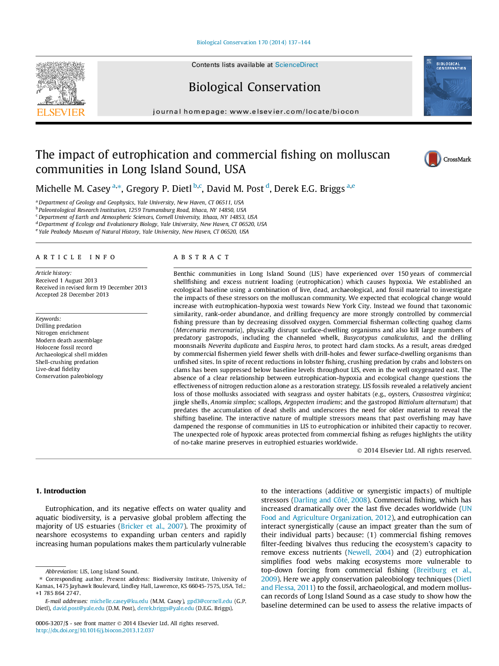 The impact of eutrophication and commercial fishing on molluscan communities in Long Island Sound, USA