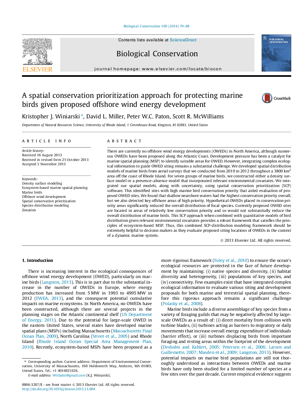 A spatial conservation prioritization approach for protecting marine birds given proposed offshore wind energy development