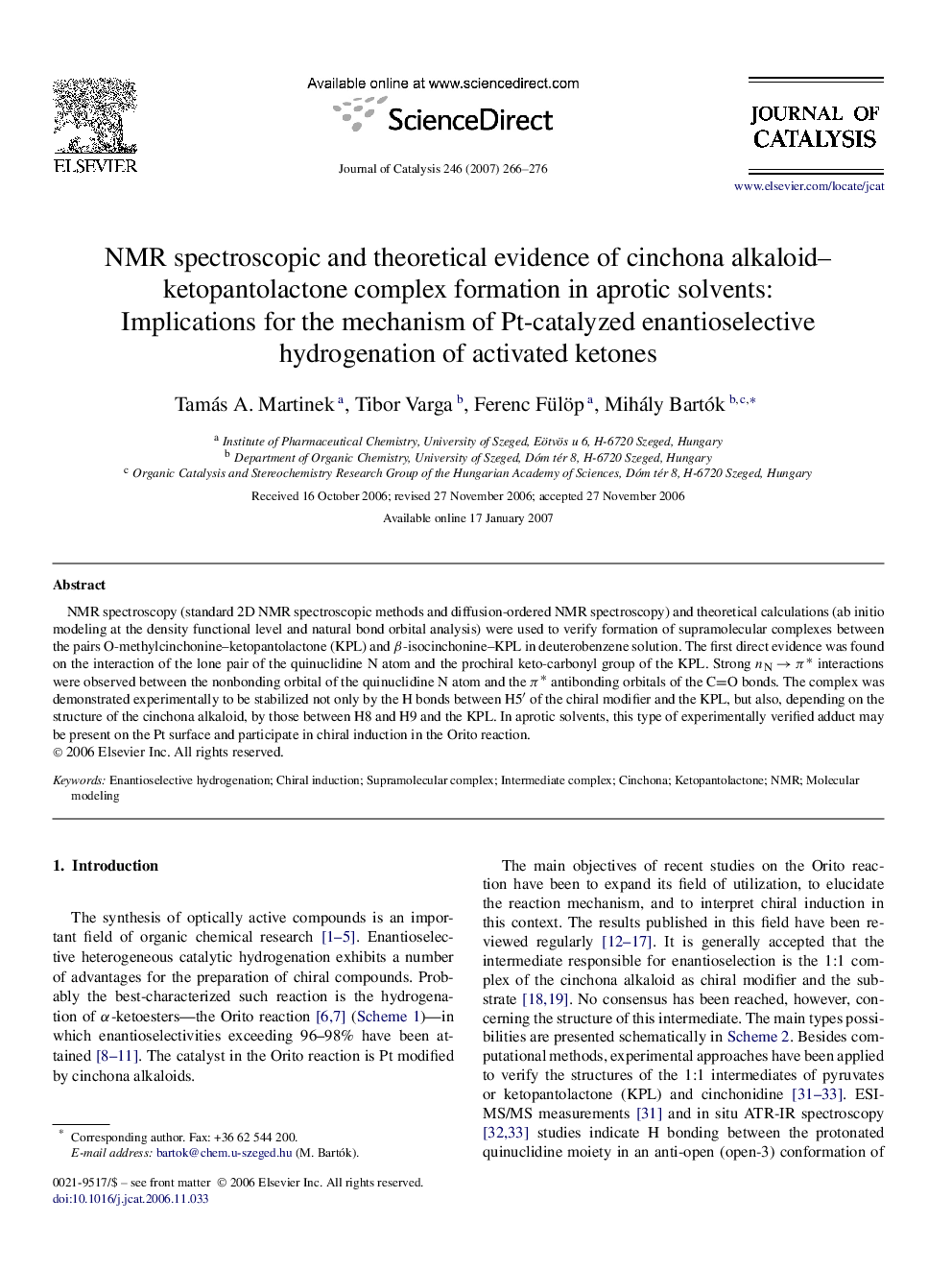 عکس صفحه اول مقاله: NMR spectroscopic and theoretical evidence of cinchona alkaloid– ketopantolactone complex formation in aprotic solvents: Implications for the mechanism of Pt-catalyzed enantioselective hydrogenation of activated ketones NMR spectroscopic and theoretical evidence of cinchona alkaloid– ketopantolactone complex formation in aprotic solvents: Implications for the mechanism of Pt-catalyzed enantioselective hydrogenation of activated ketones