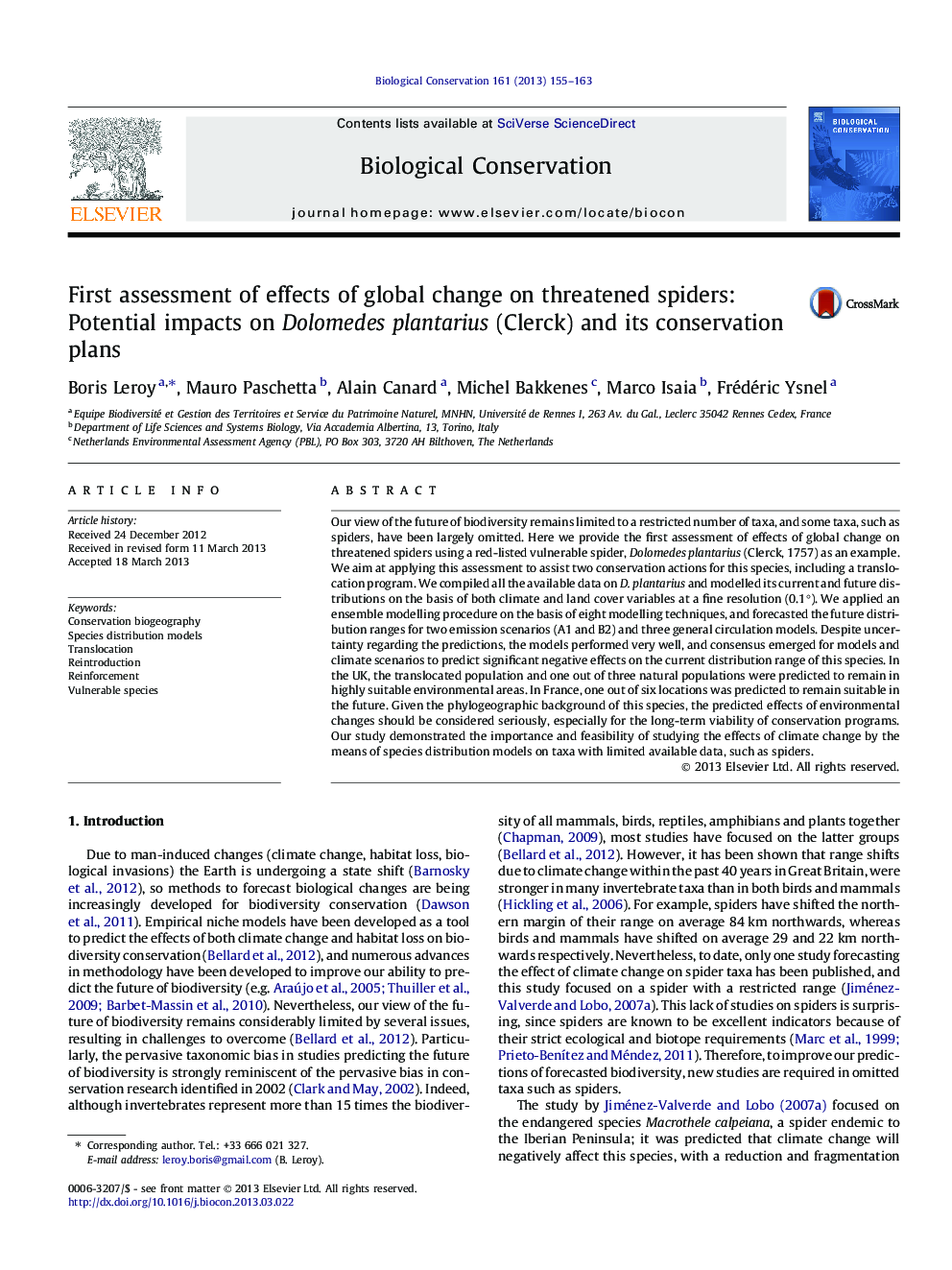 First assessment of effects of global change on threatened spiders: Potential impacts on Dolomedes plantarius (Clerck) and its conservation plans