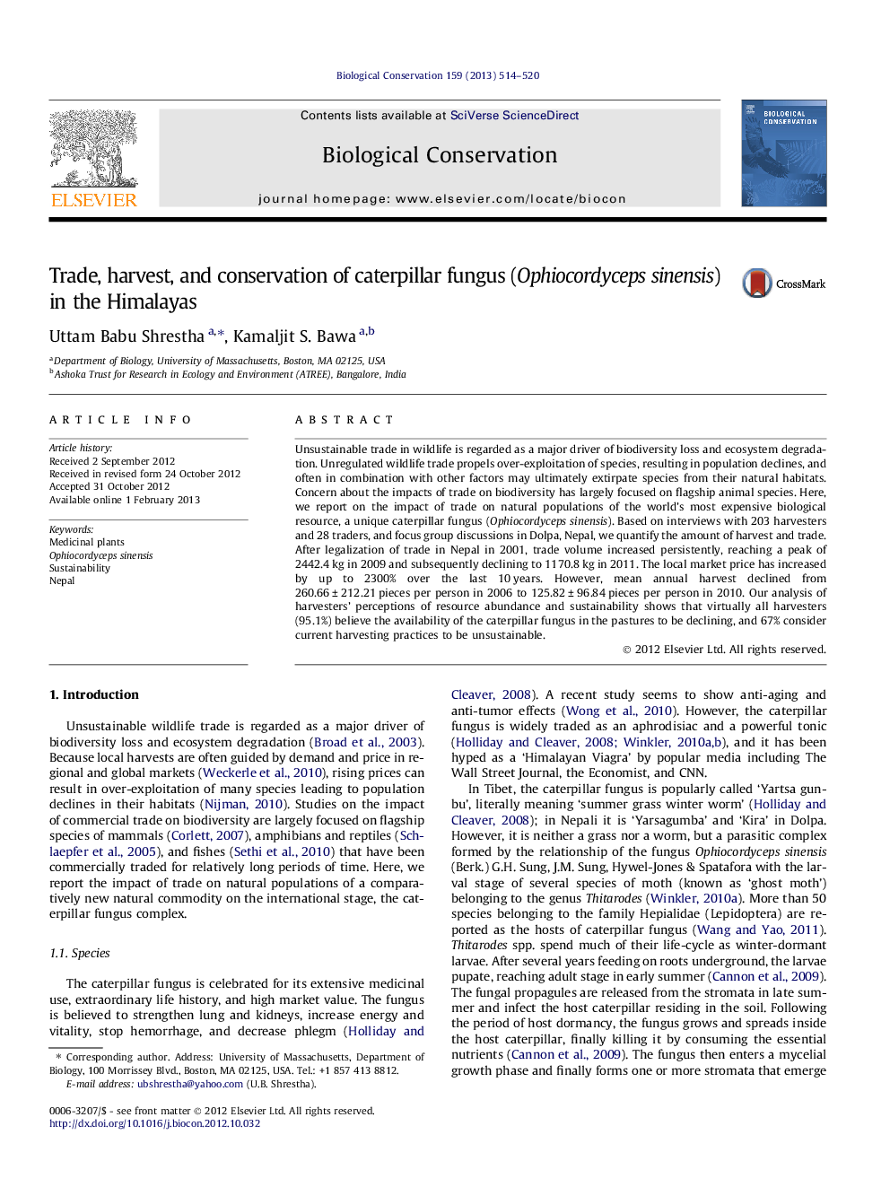 عکس صفحه اول مقاله: Trade, harvest, and conservation of caterpillar fungus (Ophiocordyceps sinensis) in the Himalayas Trade, harvest, and conservation of caterpillar fungus (Ophiocordyceps sinensis) in the Himalayas