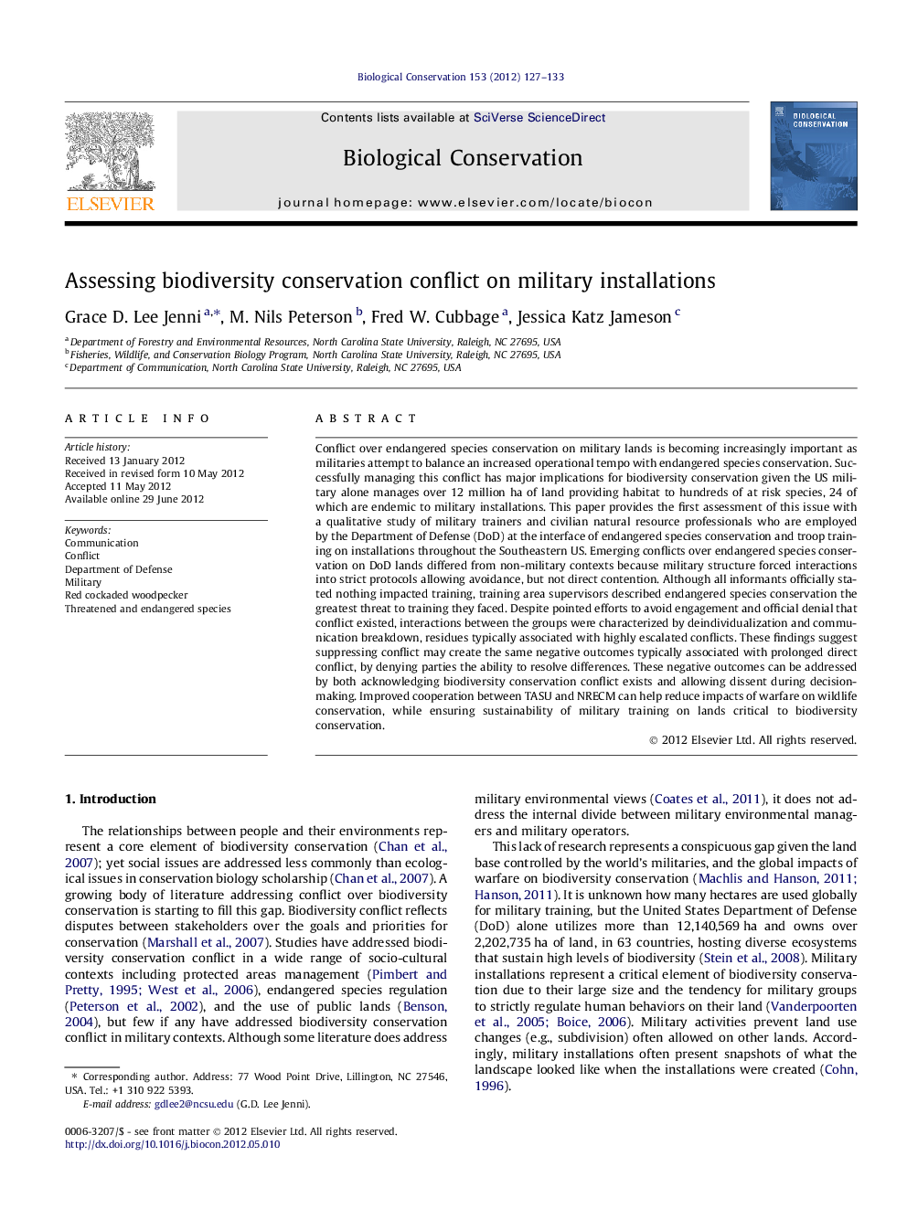 عکس صفحه اول مقاله: Assessing biodiversity conservation conflict on military installations Assessing biodiversity conservation conflict on military installations