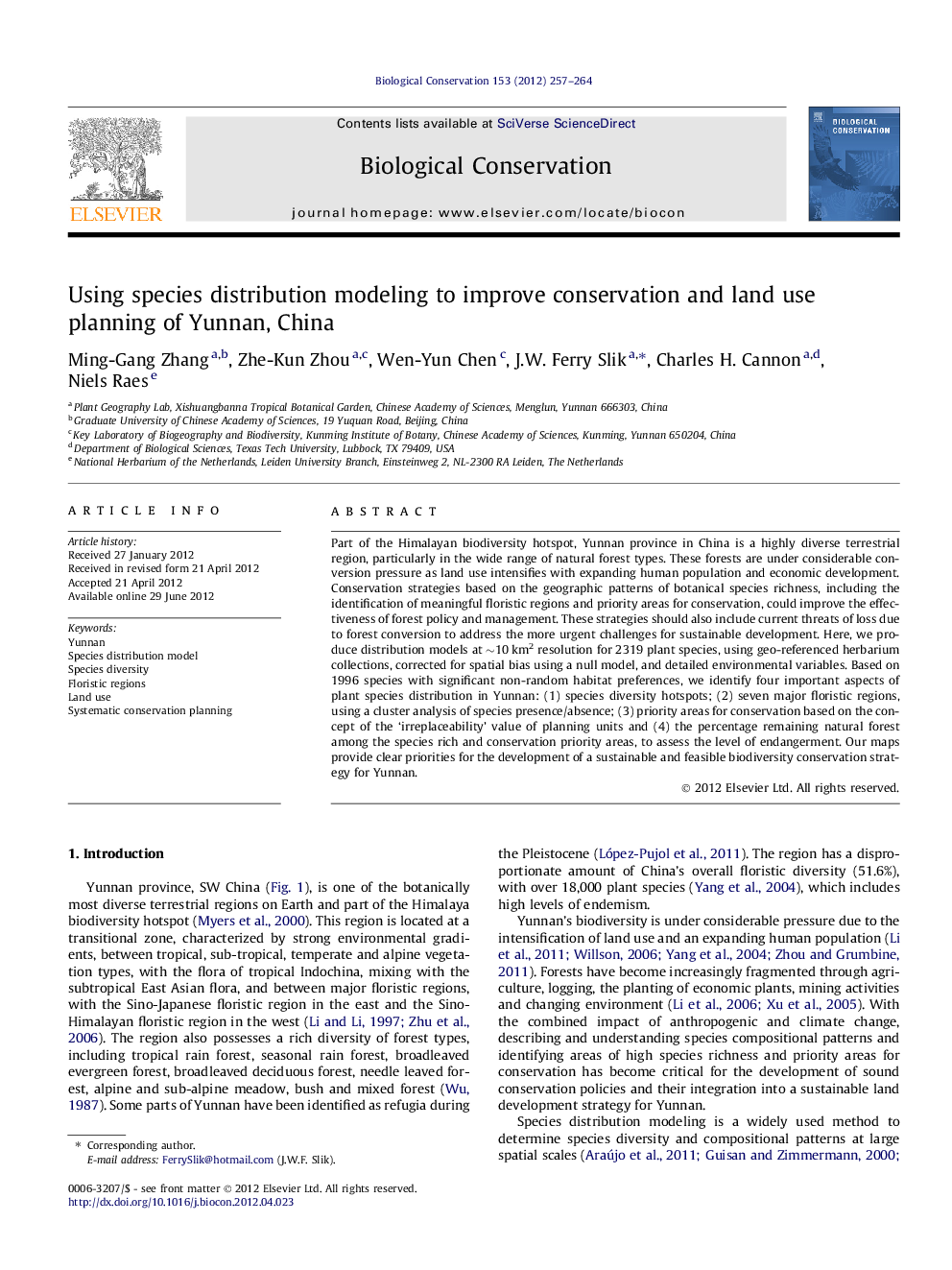 Using species distribution modeling to improve conservation and land use planning of Yunnan, China