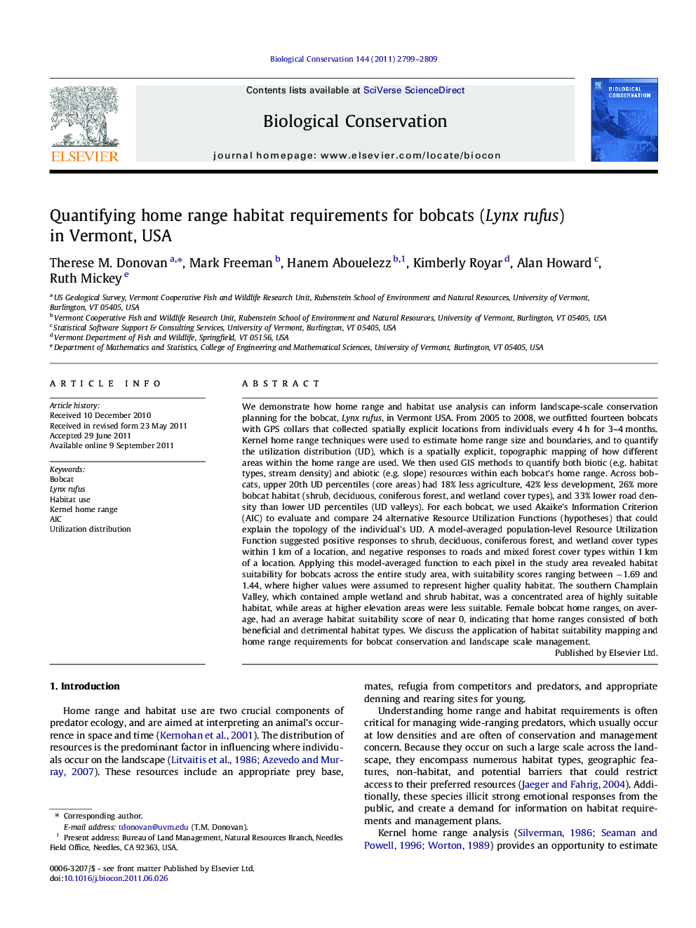 Quantifying home range habitat requirements for bobcats (Lynx rufus) in Vermont, USA