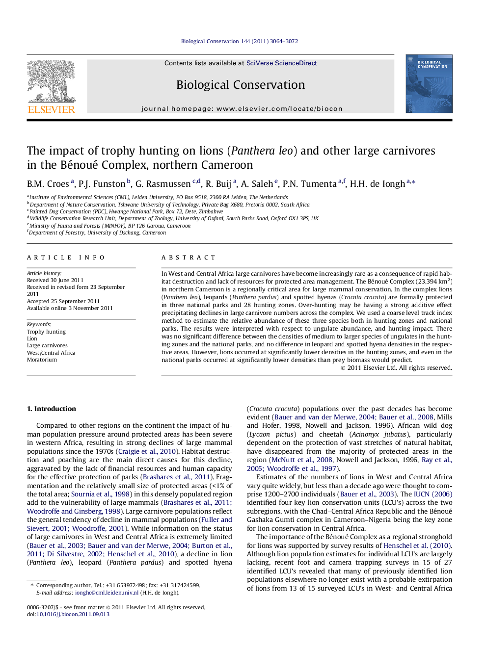 The impact of trophy hunting on lions (Panthera leo) and other large carnivores in the Bénoué Complex, northern Cameroon