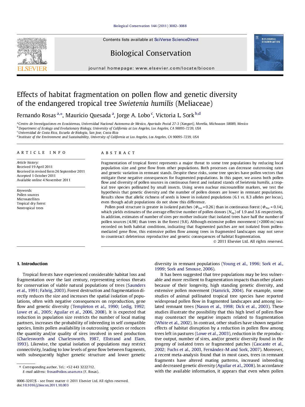 Effects of habitat fragmentation on pollen flow and genetic diversity of the endangered tropical tree Swietenia humilis (Meliaceae)