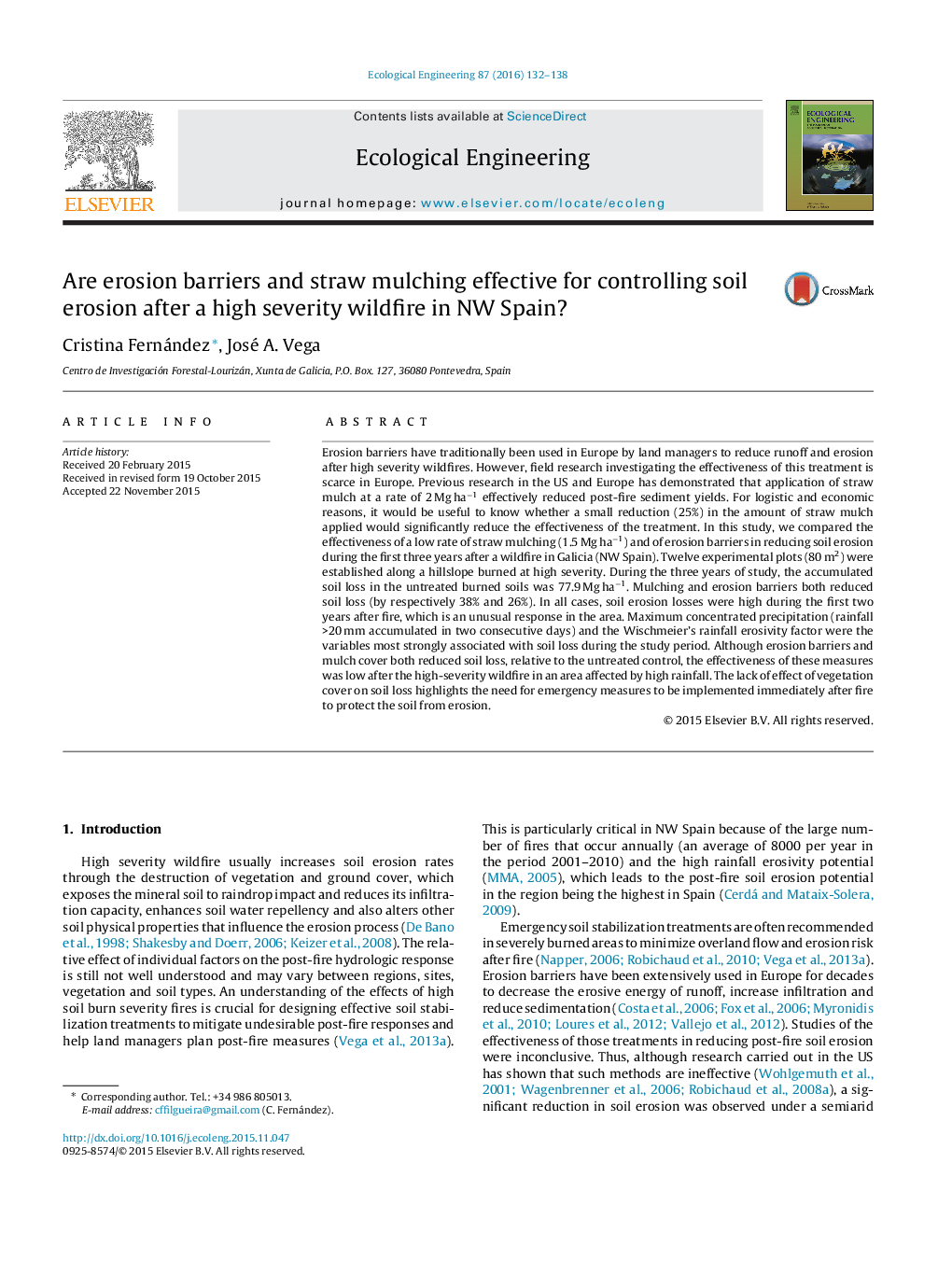 Are erosion barriers and straw mulching effective for controlling soil erosion after a high severity wildfire in NW Spain?