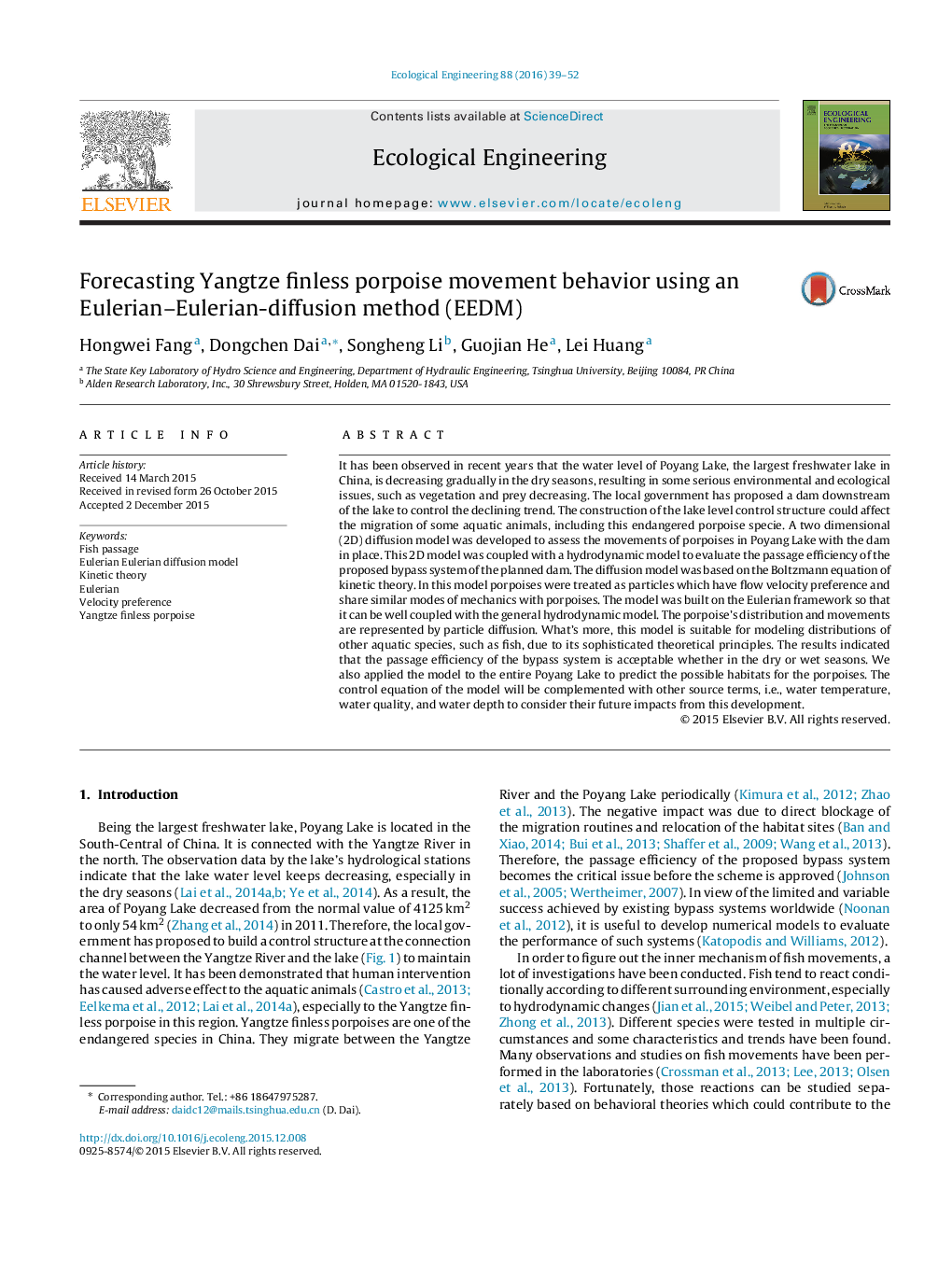 Forecasting Yangtze finless porpoise movement behavior using an Eulerian-Eulerian-diffusion method (EEDM)