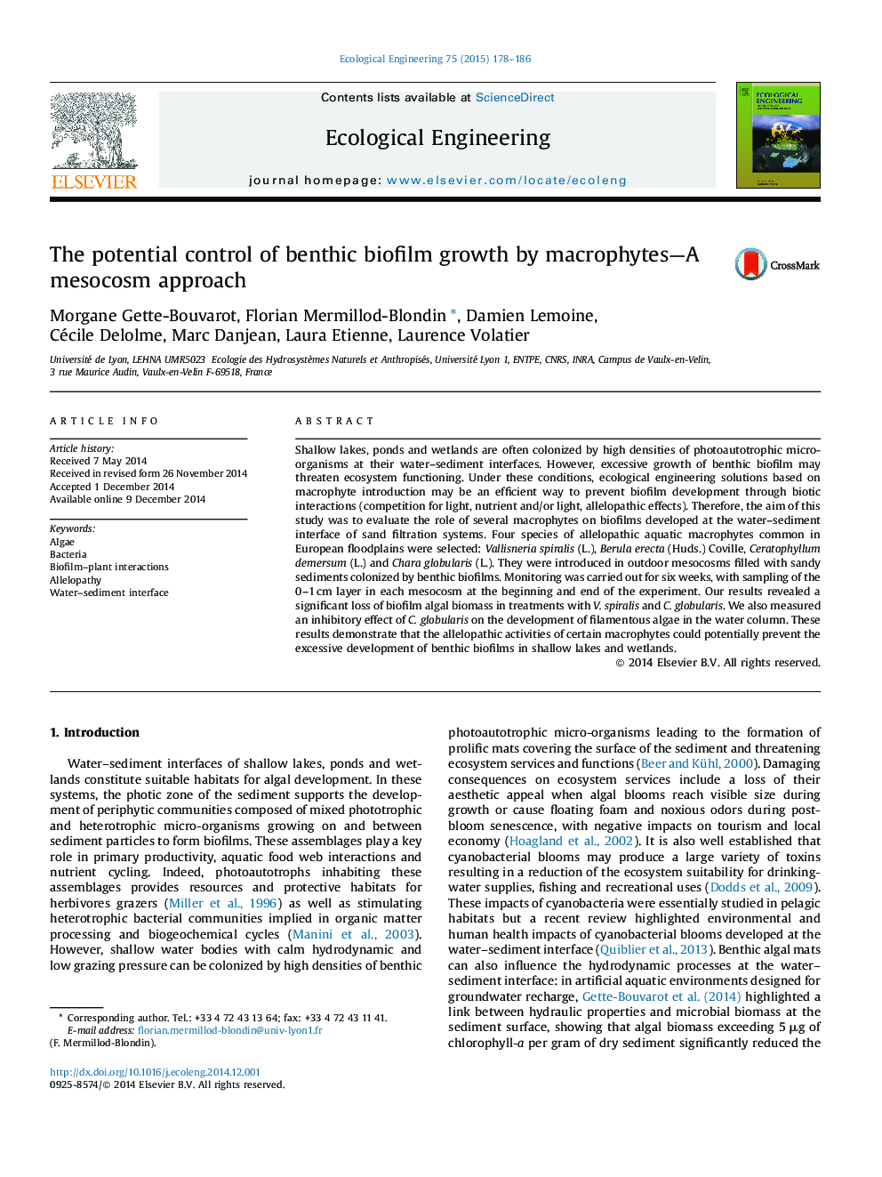 The potential control of benthic biofilm growth by macrophytes-A mesocosm approach