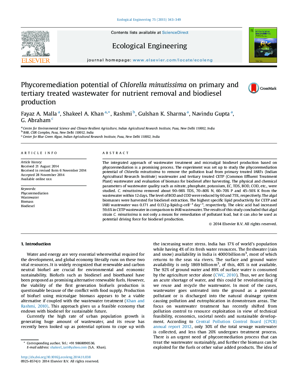 Phycoremediation potential of Chlorella minutissima on primary and tertiary treated wastewater for nutrient removal and biodiesel production