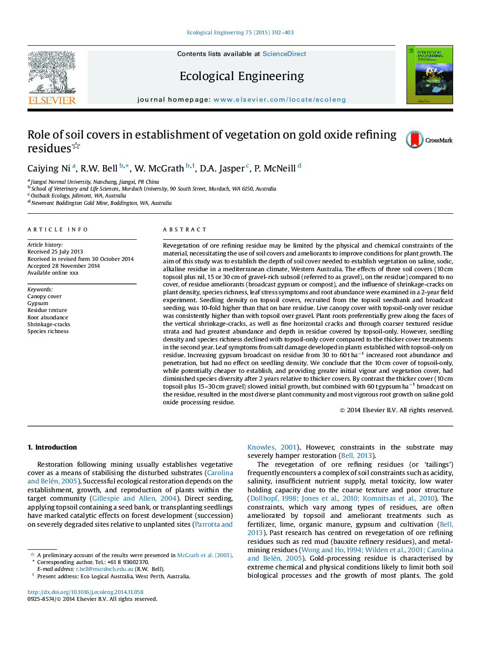 Role of soil covers in establishment of vegetation on gold oxide refining residues
