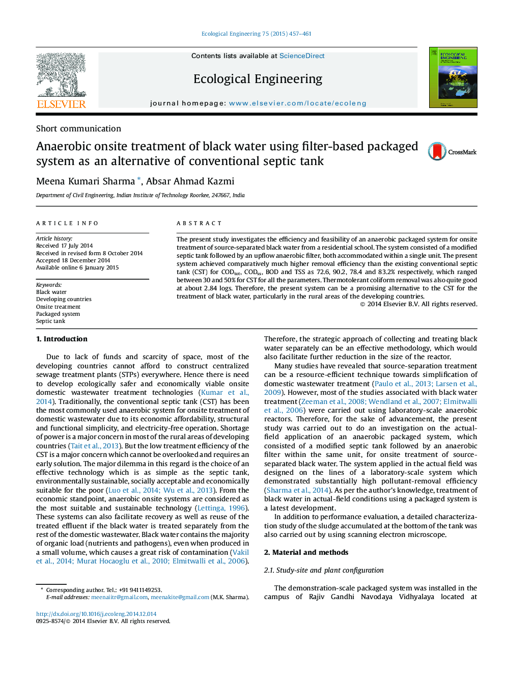 Short communicationAnaerobic onsite treatment of black water using filter-based packaged system as an alternative of conventional septic tank
