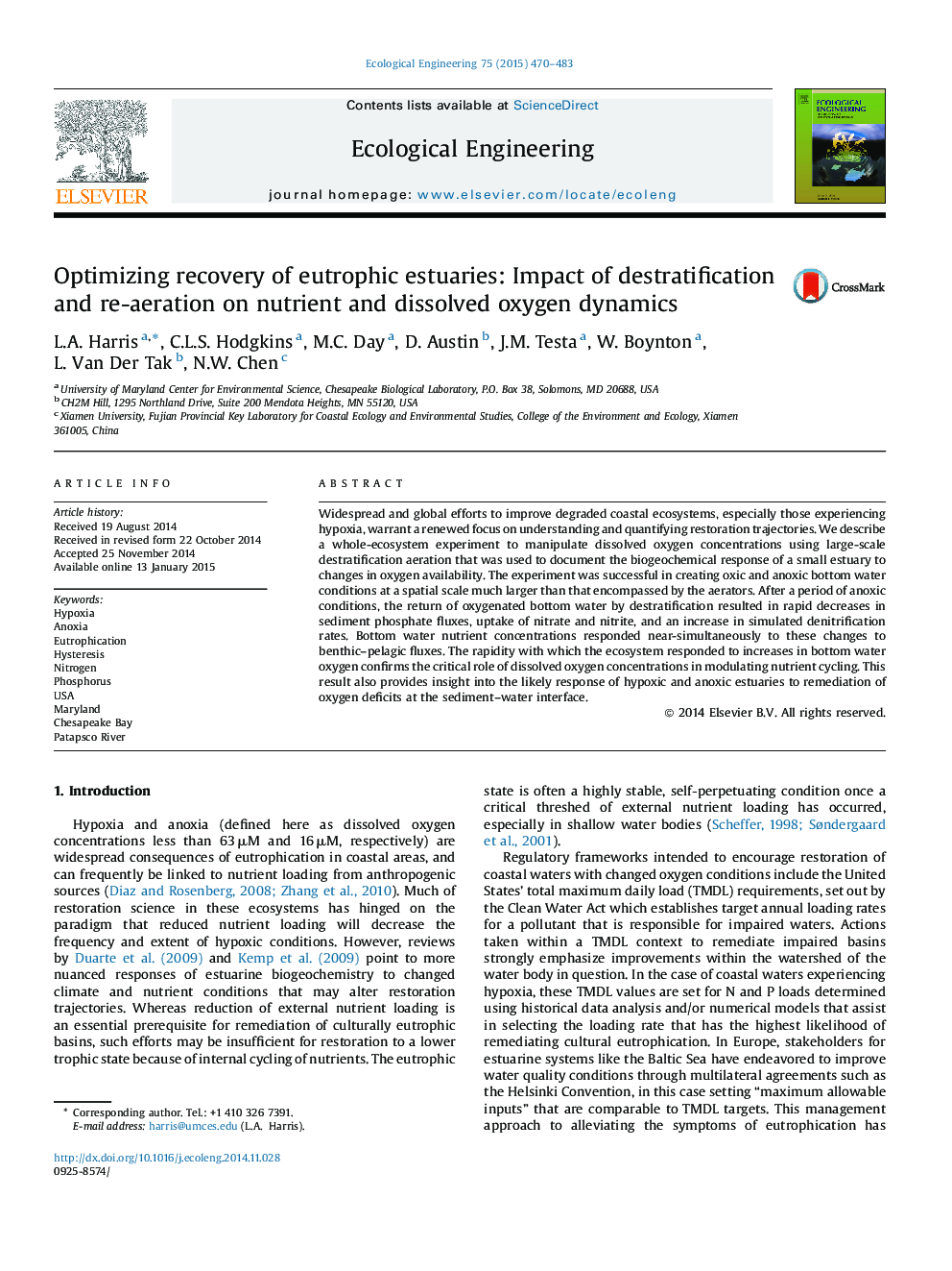 Optimizing recovery of eutrophic estuaries: Impact of destratification and re-aeration on nutrient and dissolved oxygen dynamics