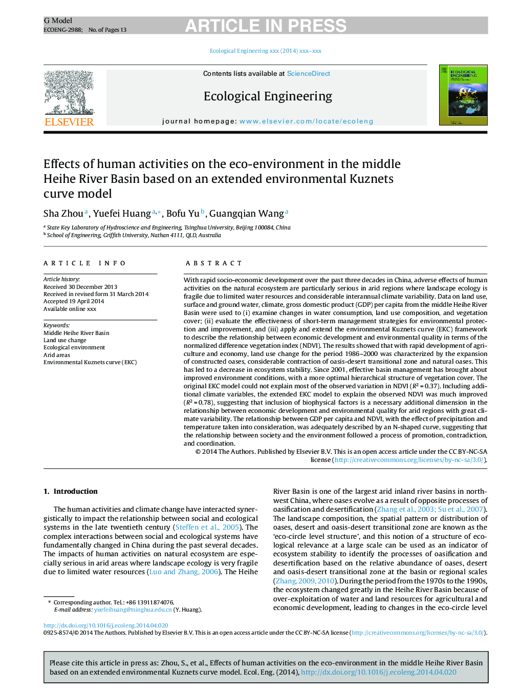 Effects of human activities on the eco-environment in the middle Heihe River Basin based on an extended environmental Kuznets curve model