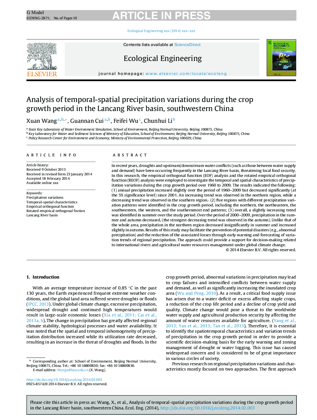 Analysis of temporal-spatial precipitation variations during the crop growth period in the Lancang River basin, southwestern China