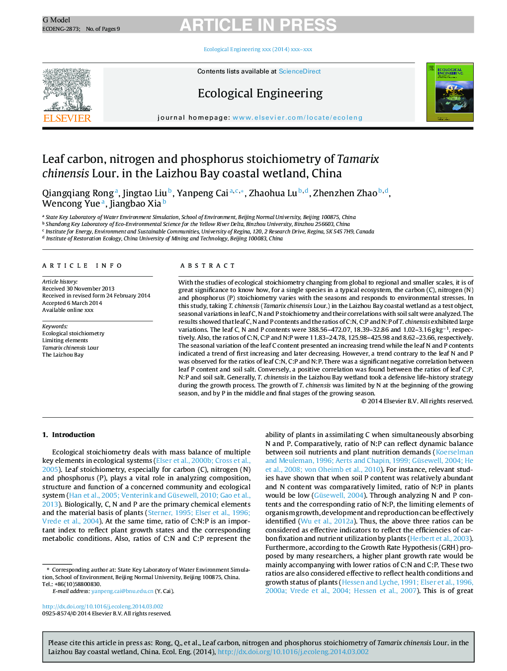 Leaf carbon, nitrogen and phosphorus stoichiometry of Tamarix chinensis Lour. in the Laizhou Bay coastal wetland, China