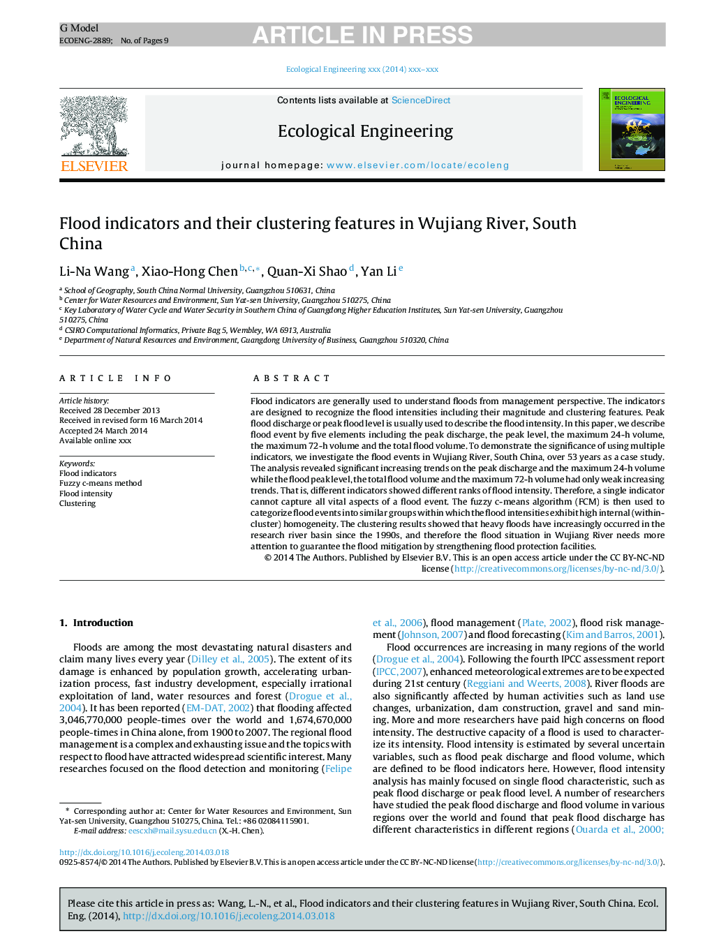 Flood indicators and their clustering features in Wujiang River, South China