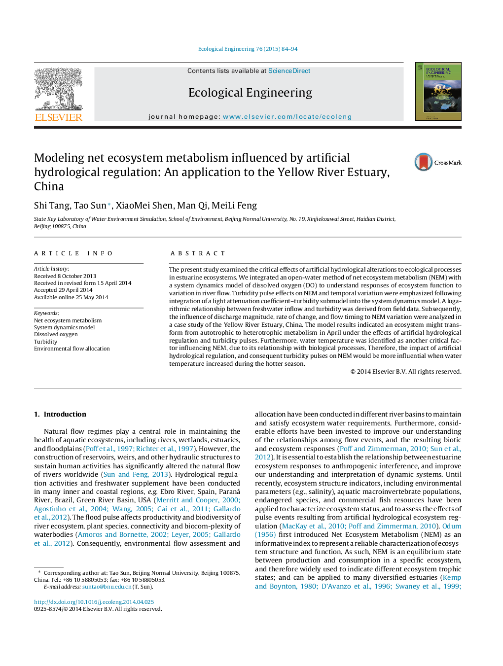 Modeling net ecosystem metabolism influenced by artificial hydrological regulation: An application to the Yellow River Estuary, China