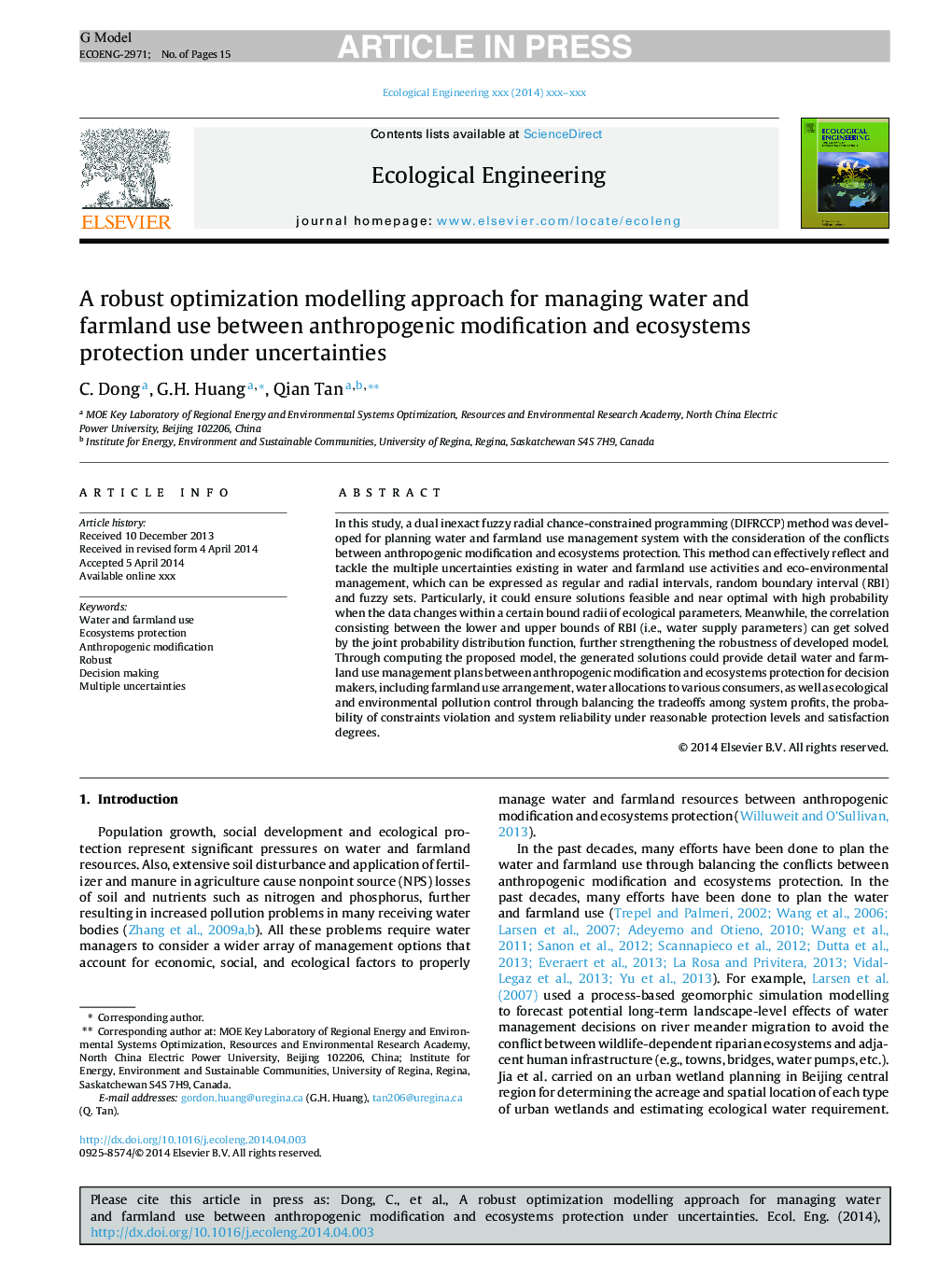 A robust optimization modelling approach for managing water and farmland use between anthropogenic modification and ecosystems protection under uncertainties