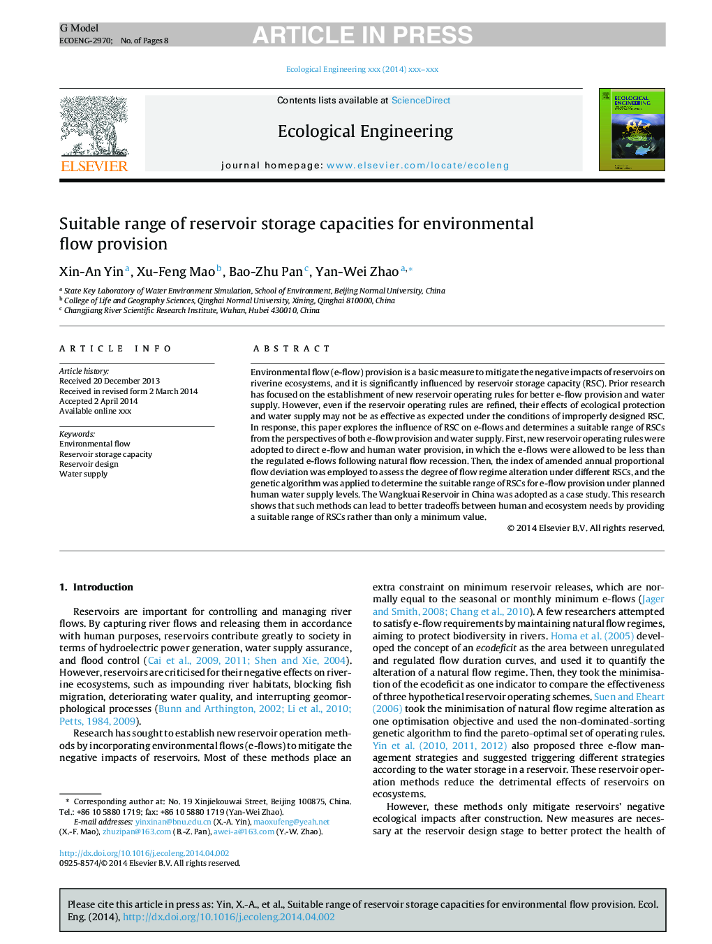 Suitable range of reservoir storage capacities for environmental flow provision