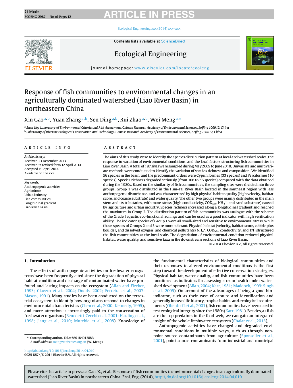 Response of fish communities to environmental changes in an agriculturally dominated watershed (Liao River Basin) in northeastern China